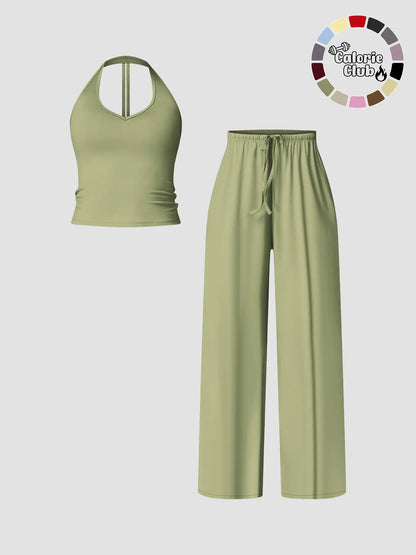 Women'S Quick-Dry Sports Tank Top, Casual High-Waisted Bell Bottoms, Comfortable Sporty, All-Season Plain Style, Sports Wear Set
